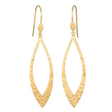 Pair of gold drop earrings with hammered almond-shaped pendants on curved wires.