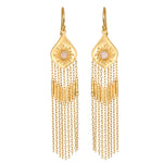 Pair of gold drop earrings with opal stone centers surrounded by sun motifs and multiple chain fringe strands.