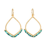 Pair of gold-toned teardrop-shaped earrings with turquoise beads along the bottom edge and hook-style ear wires.