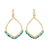 Pair of gold-toned teardrop-shaped earrings with turquoise beads along the bottom edge and hook-style ear wires.