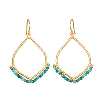Pair of gold-toned teardrop-shaped earrings with turquoise beads along the bottom edge and hook-style ear wires.