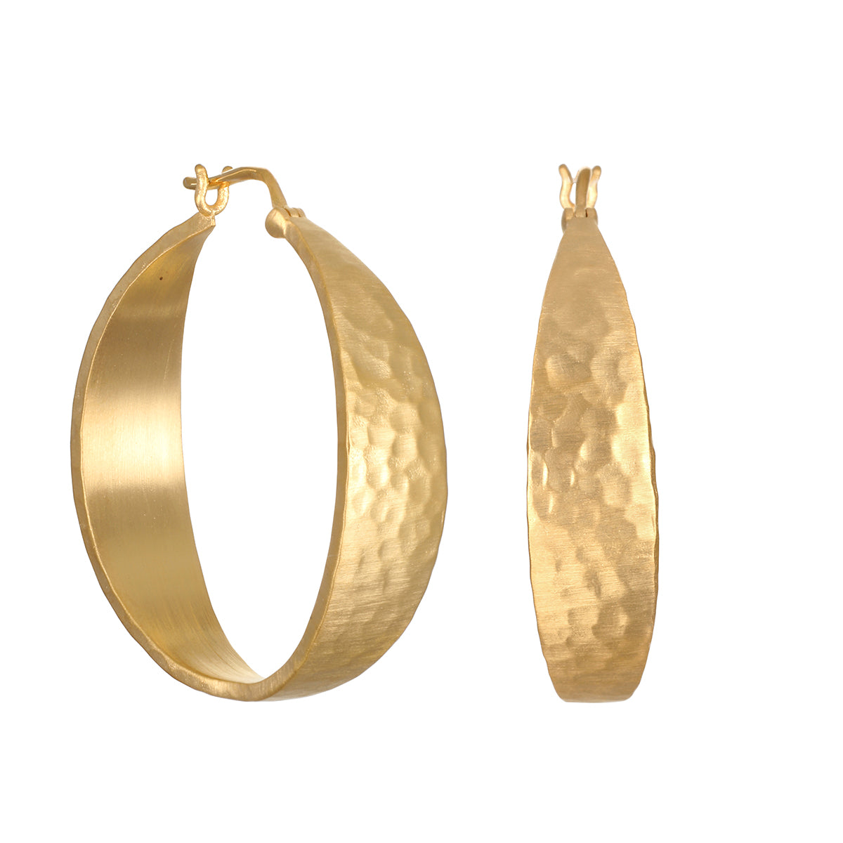 Pair of gold-tone hoop earrings with textured hammered surface and hinged closures, shown from front and side views.