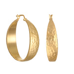 Pair of gold-tone hoop earrings with textured hammered surface and hinged closures, shown from front and side views.