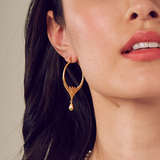 A close-up of the Brilliant Beginnings Earrings showcased on a model, designed with lotus flowers symbolizing new beginnings, crafted from 18kt gold plate, perfect for spiritual jewelry, meditation gifts, and a meaningful accessory for yoga enthusiasts. These earrings embody the essence of manifestation with a protective, sacred charm.