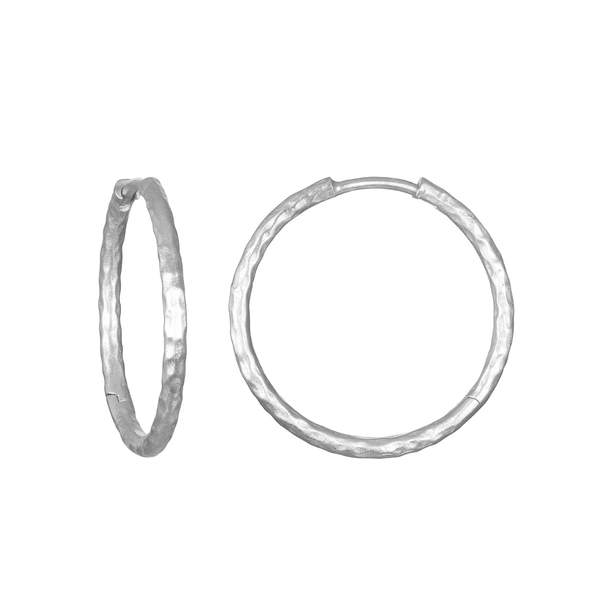 Textured Sterling Silver Medium Hoop Earrings showcasing a unique, hammered design, perfect for minimalist styling or as part of a personalized ear stack. These hoop earrings are a blend of spiritual jewelry that enhances meaning and manifestation, making them an ideal talisman for yoga and meditation practice.