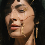 Close-up of a woman wearing the Dreams Celestial Sun and Moon Lariat Necklace, showcasing the beautiful sun and moon design. This spiritual jewelry symbolizes protection and is perfect for meditation and yoga enthusiasts, offering meaningful energy for manifestation.