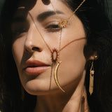 Close-up of a woman wearing the Dreams Celestial Sun and Moon Lariat Necklace, showcasing the beautiful sun and moon design. This spiritual jewelry symbolizes protection and is perfect for meditation and yoga enthusiasts, offering meaningful energy for manifestation.