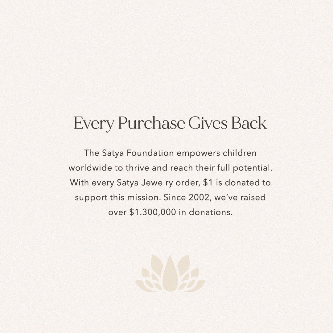 Informative graphic highlighting the charitable mission of Satya Jewelry with the purchase of the Divine Alignment Gemstone Chakra Necklace, emphasizing the importance of meaningful contributions through spiritual jewelry and supportive of a noble cause.