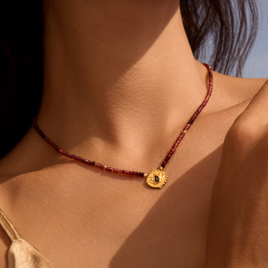 Internal Fire Garnet Lotus Beaded Necklace
