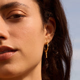 Model wearing Drops of Beauty Dot Hoop Earrings, showcasing their elegant design that embodies spiritual meaning and manifests joy, perfect for everyday wear.