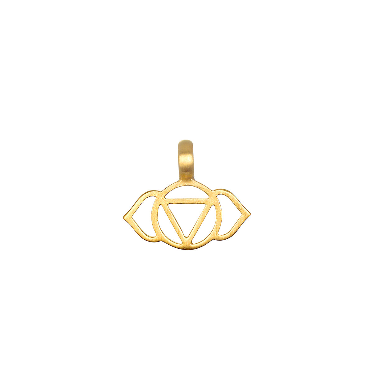Gold-toned metal charm with cutout lotus flower and eye design, featuring a loop for attachment.