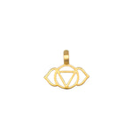 Gold-toned metal charm with cutout lotus flower and eye design, featuring a loop for attachment.