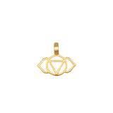 Gold-toned metal charm with cutout lotus flower and eye design, featuring a loop for attachment.