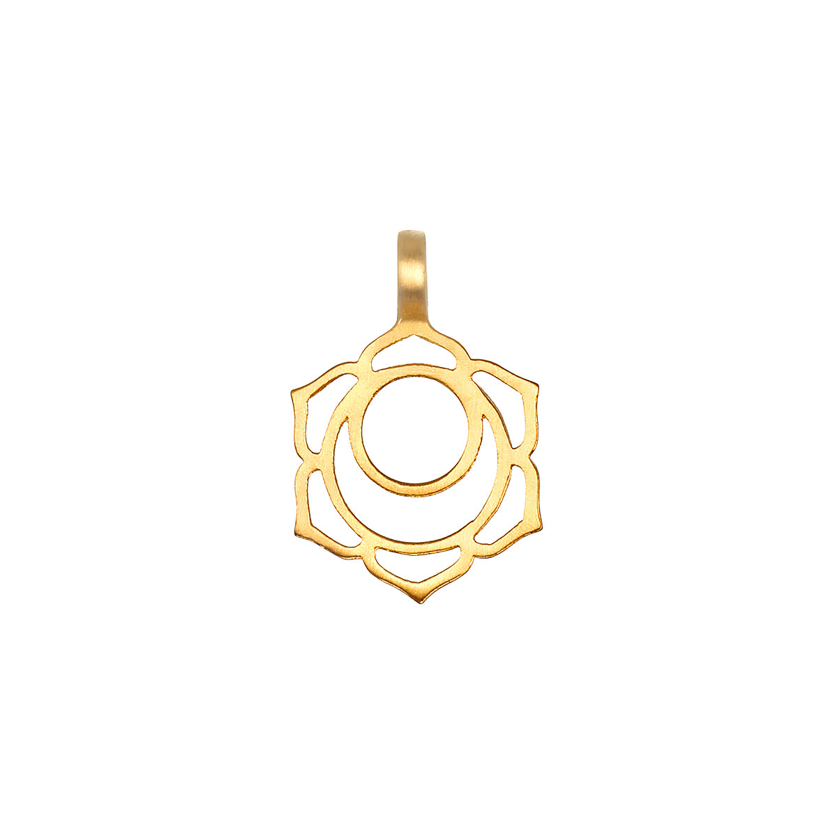 Gold-toned charm with circular center surrounded by petal-like cutouts and a loop attachment at top.