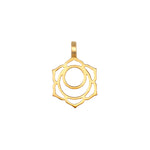 Gold-toned charm with circular center surrounded by petal-like cutouts and a loop attachment at top.