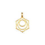 Gold-toned charm with circular center surrounded by petal-like cutouts and a loop attachment at top.