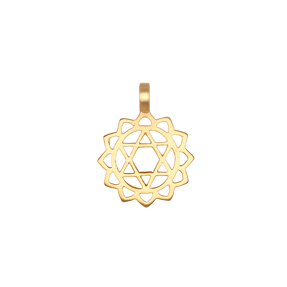 Gold-toned metal charm with geometric star and flower cutout design and attached loop.