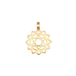 Gold-toned metal charm with geometric star and flower cutout design and attached loop.