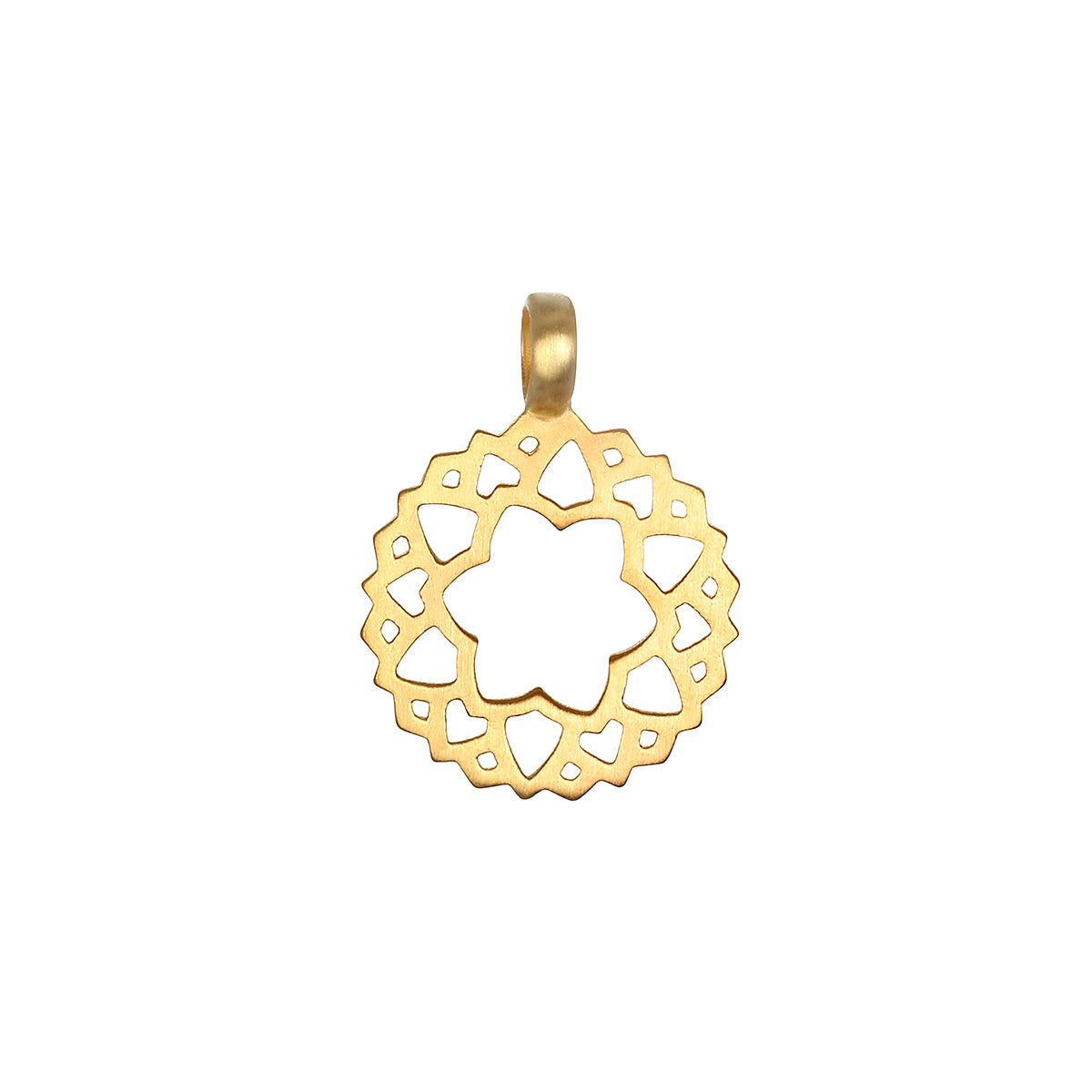 Gold-toned circular pendant with cutout petal and diamond pattern design and loop bail.