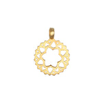Gold-toned circular pendant with cutout petal and diamond pattern design and loop bail.