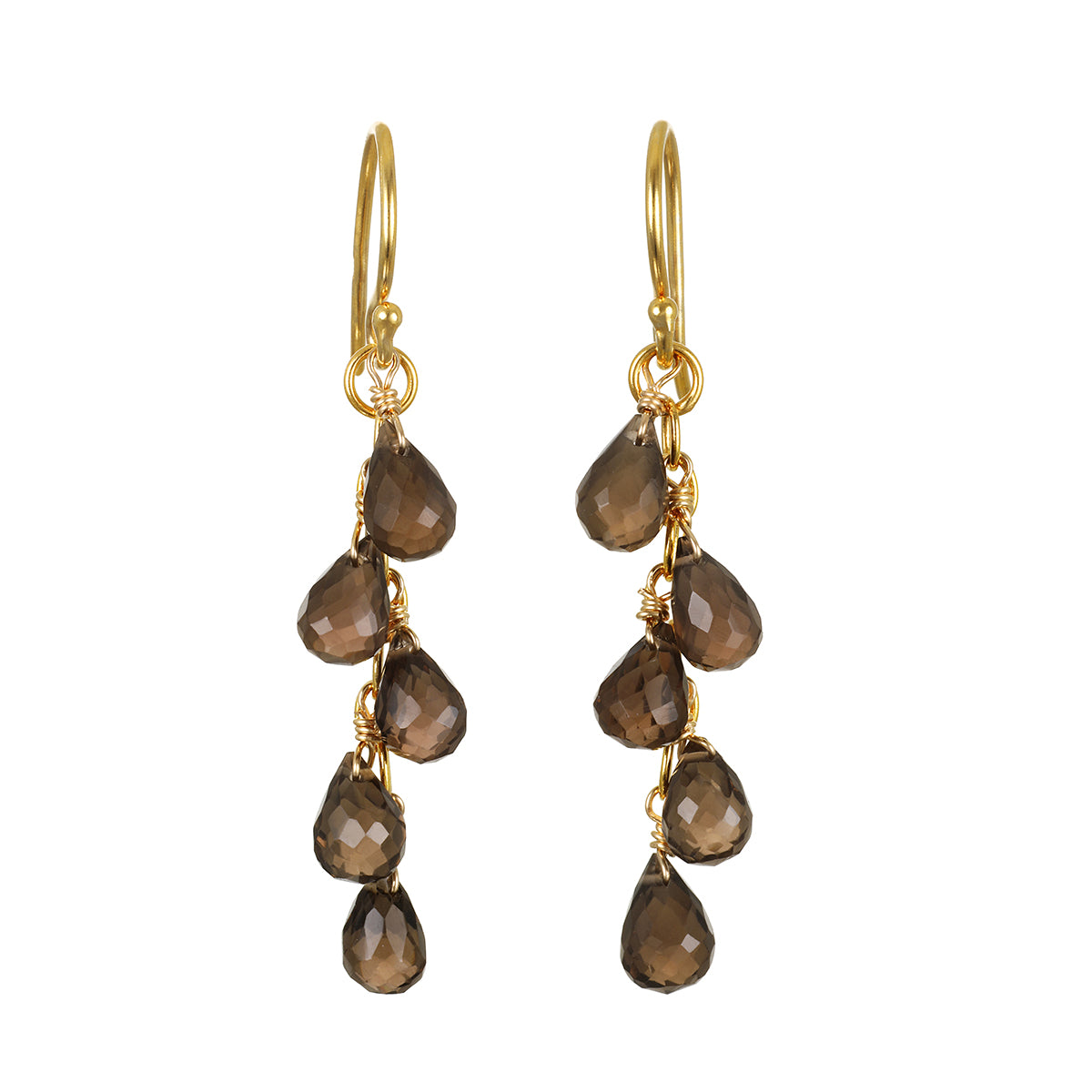 A pair of gold-tone hook earrings, each with a cascading cluster of five faceted brown teardrop gemstones, hangs against a white background.