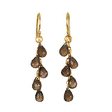 A pair of gold-tone hook earrings, each with a cascading cluster of five faceted brown teardrop gemstones, hangs against a white background.