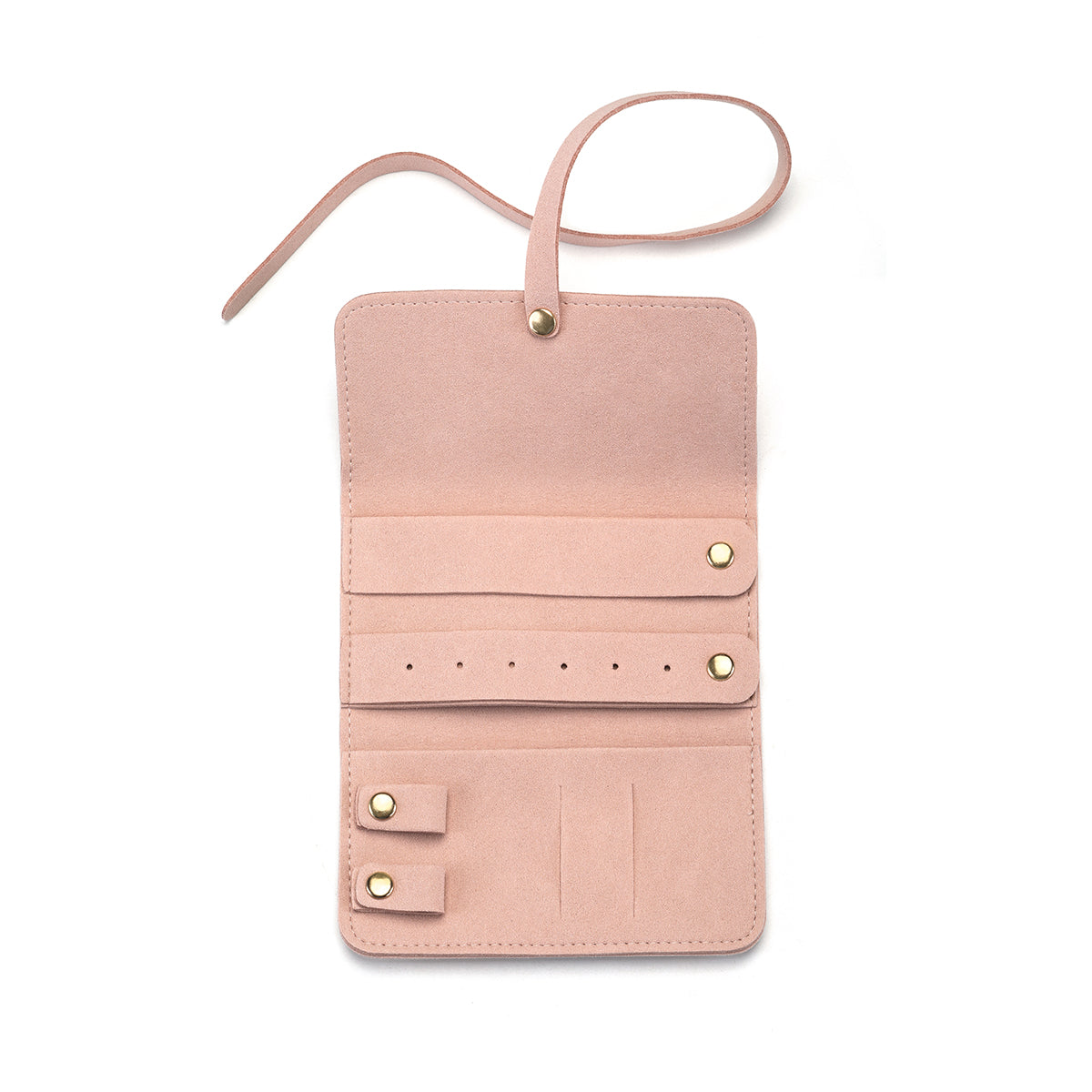Another angle of the Weekend Journey Travel Jewelry Wrap Holder Pink, highlighting its spacious design for safely storing talismans. Ideal for meditation enthusiasts, this packable jewelry holder represents a blend of style and spiritual protection.