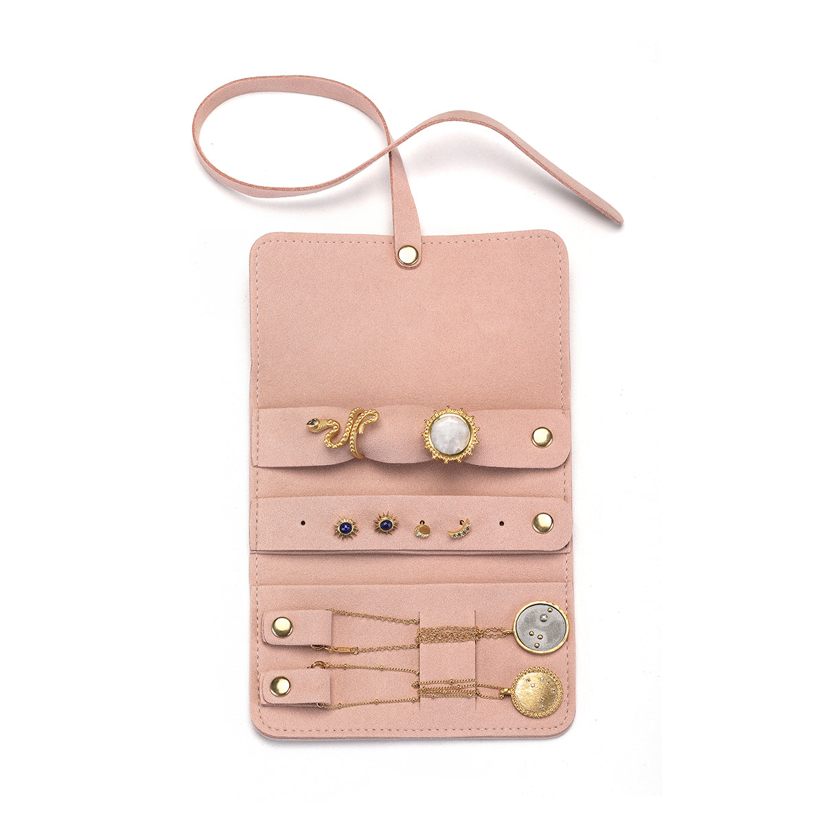 Interior view of the Weekend Journey Travel Jewelry Wrap Holder Pink, showcasing compartments for earrings, rings, and necklaces. This stylish wrap is perfect for keeping your spiritual jewelry organized and ensures your meaningful accessories are protected on your journey.