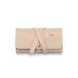 Weekend Journey Travel Jewelry Wrap Holder Tan featuring a soft tan microfiber exterior, ideal for keeping your spiritual jewelry safe. This jewelry organizer is perfect for storing meaningful talismans and is a must-have for meditation and yoga enthusiasts. With its stylish design, it offers protection and embodies the essence of the sun and moon.