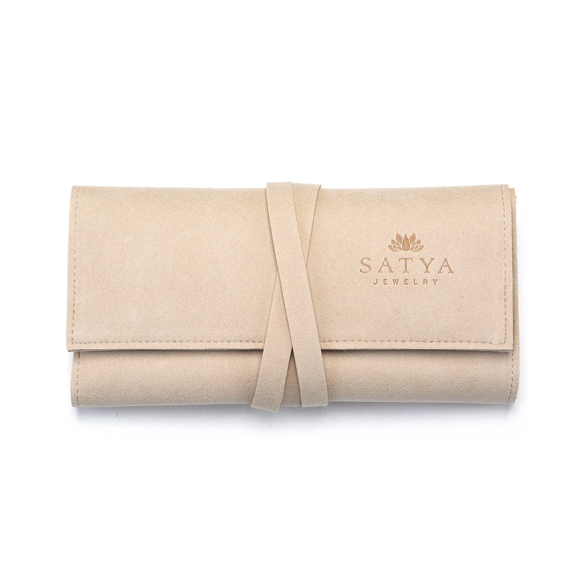 Journey Abroad Travel Wrap by Satya Jewelry, designed to protect your spiritual jewelry, including talismans and malas, with a soft microfiber finish. Ideal for carrying meaningful pieces like zodiac symbols, this packable holder offers protection for your favorites during yoga and meditation practices.