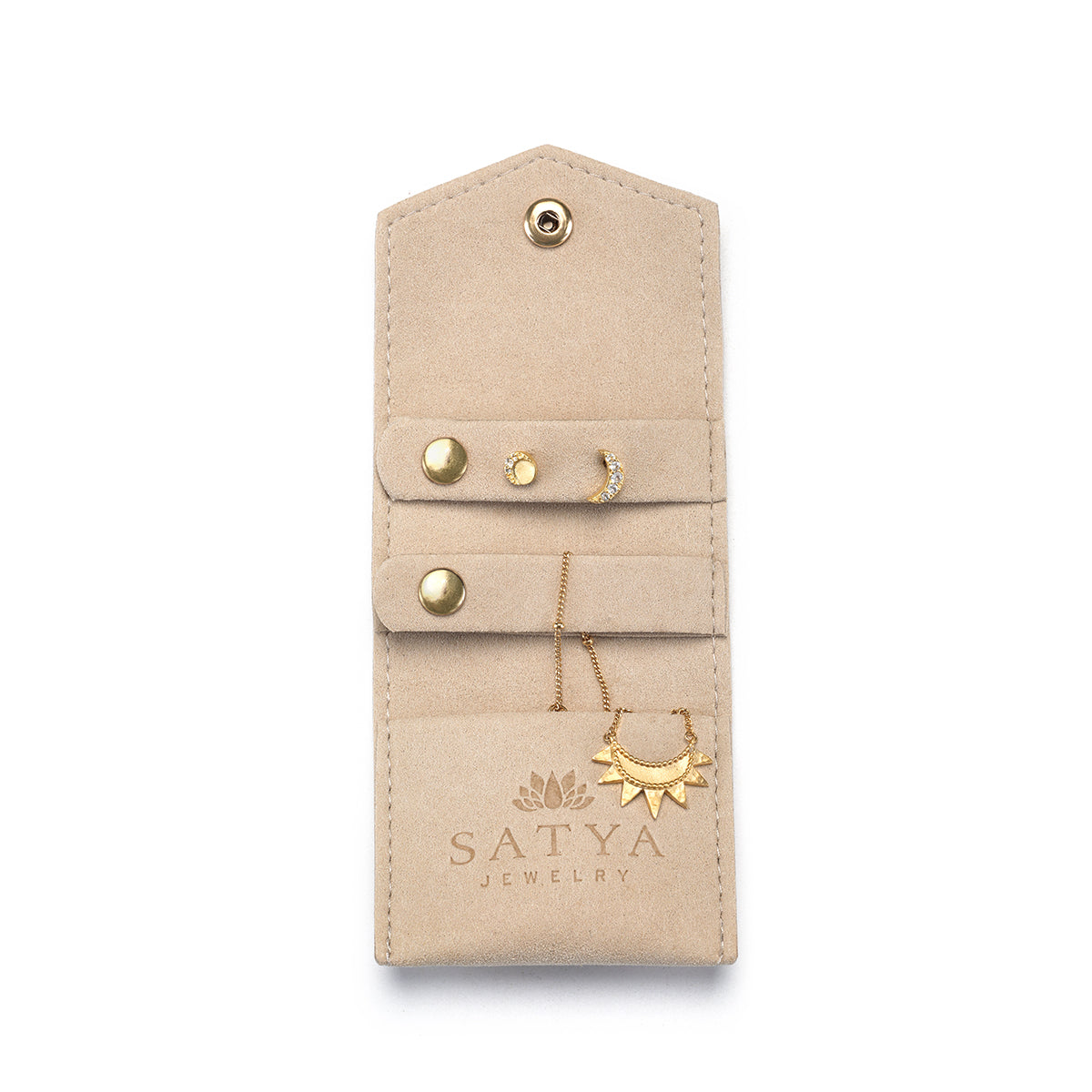 Interior view of the Overnight Journey Travel Jewelry Wrap showcasing organized sections for earrings and necklaces, designed to protect valuable spiritual jewelry such as talismans and zodiac symbols, enhancing your yoga and meditation journey.