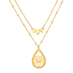 Intention of New Beginnings Necklace Set featuring two layered necklaces, one with a lotus flower pendant and the other with delicate leaf shapes, embodying spiritual jewelry for meditation, manifestation, and personal growth.