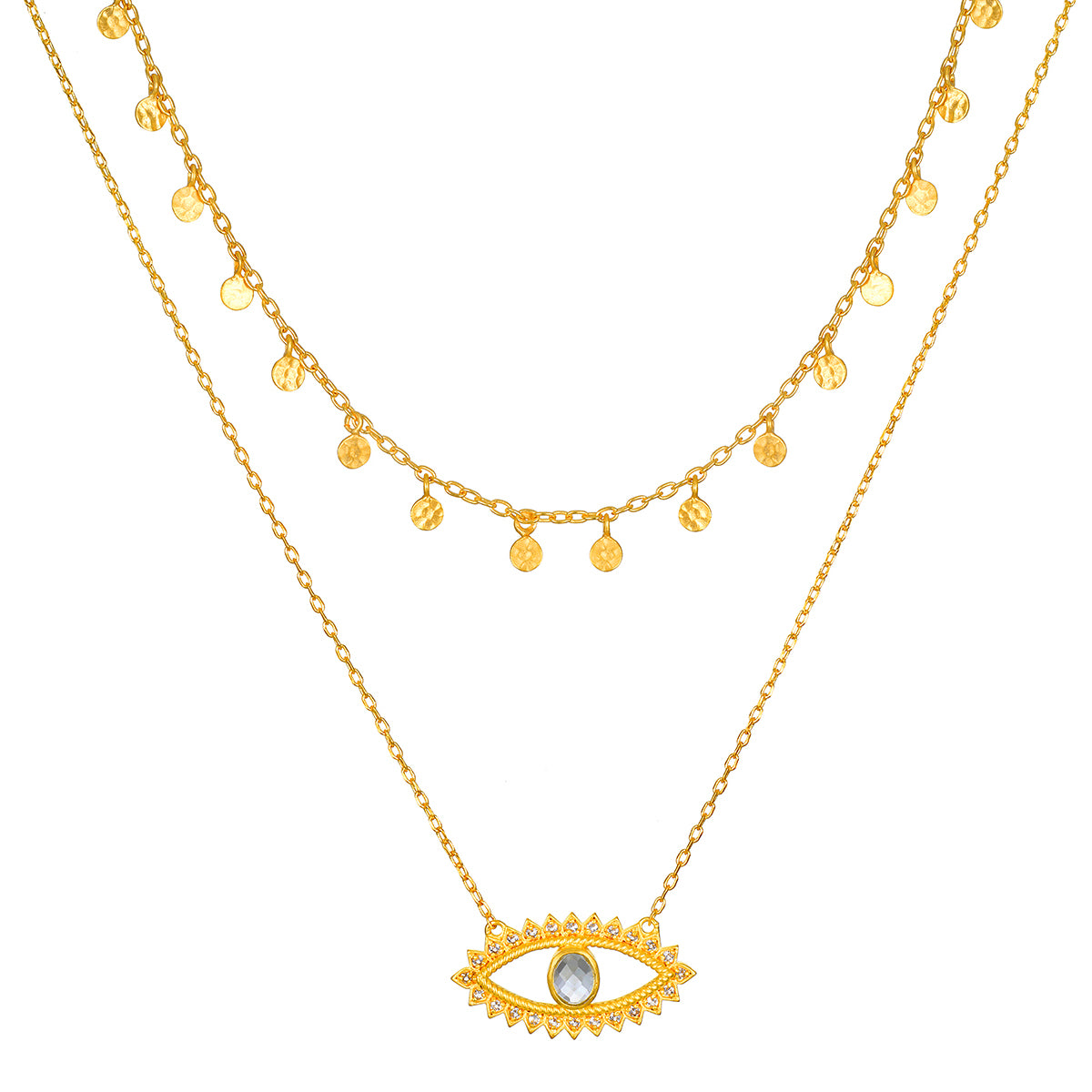 Intention of Protection Necklace Set featuring a multi coin charm choker and an Evil Eye pendant, embodying elements of spiritual jewelry and protection, ideal for meditation and meaningful manifestation in yoga practice.