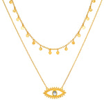 Intention of Protection Necklace Set featuring a multi coin charm choker and an Evil Eye pendant, embodying elements of spiritual jewelry and protection, ideal for meditation and meaningful manifestation in yoga practice.