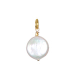 Round white pearl charm with gold-toned bail and attachment loop.