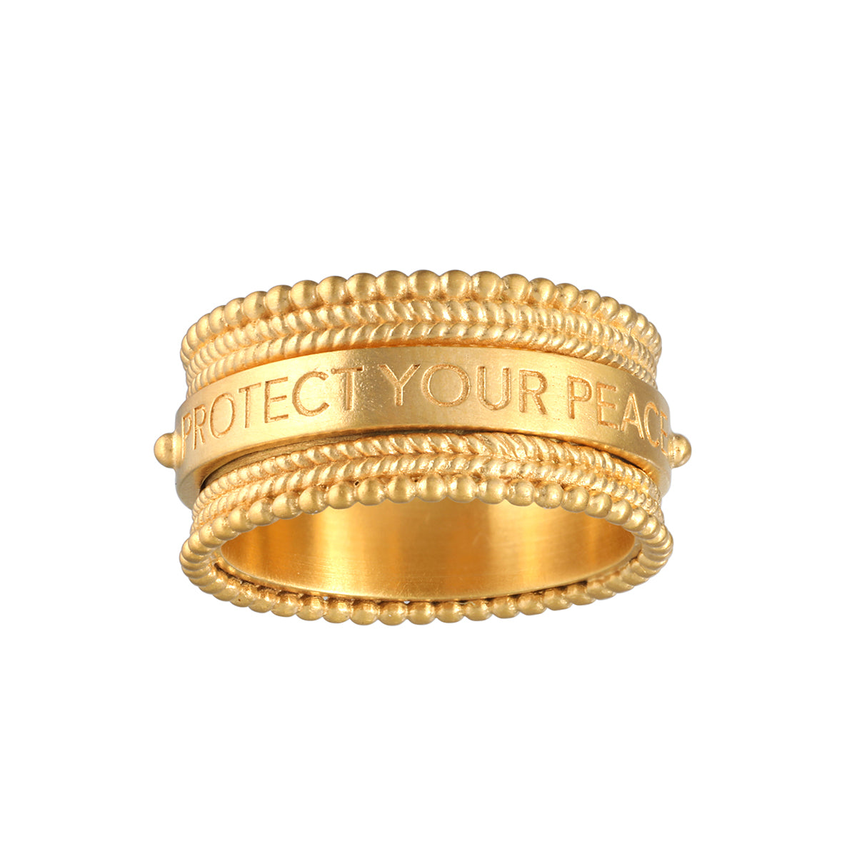 Taryn Truly Protect Your Peace Spinner Ring featuring an elegant gold design with the inscription "Protect Your Peace," symbolizing spiritual jewelry, meditation, and protection. Ideal for yoga enthusiasts and those seeking meaningful talismans for manifestation.