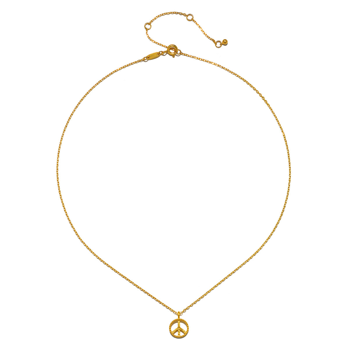 The In Pursuit of Peace Necklace displayed elegantly, showcasing its 18kt gold plating, symbolizing peace and serving as a talisman for meditation and spiritual practices.