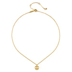 The In Pursuit of Peace Necklace displayed elegantly, showcasing its 18kt gold plating, symbolizing peace and serving as a talisman for meditation and spiritual practices.
