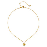 The In Pursuit of Peace Necklace displayed elegantly, showcasing its 18kt gold plating, symbolizing peace and serving as a talisman for meditation and spiritual practices.