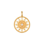 Shining Sun White Topaz Charm in 18kt gold plate, featuring a radiant sun design that embodies vitality and leadership, perfect for spiritual jewelry and meditation practices. This meaningful charm symbolizes creativity and individuality, making it a great addition to your collection of talismans, zodiac items, or malas for protection and manifestation during yoga.
