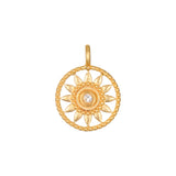 Shining Sun White Topaz Charm in 18kt gold plate, featuring a radiant sun design that embodies vitality and leadership, perfect for spiritual jewelry and meditation practices. This meaningful charm symbolizes creativity and individuality, making it a great addition to your collection of talismans, zodiac items, or malas for protection and manifestation during yoga.