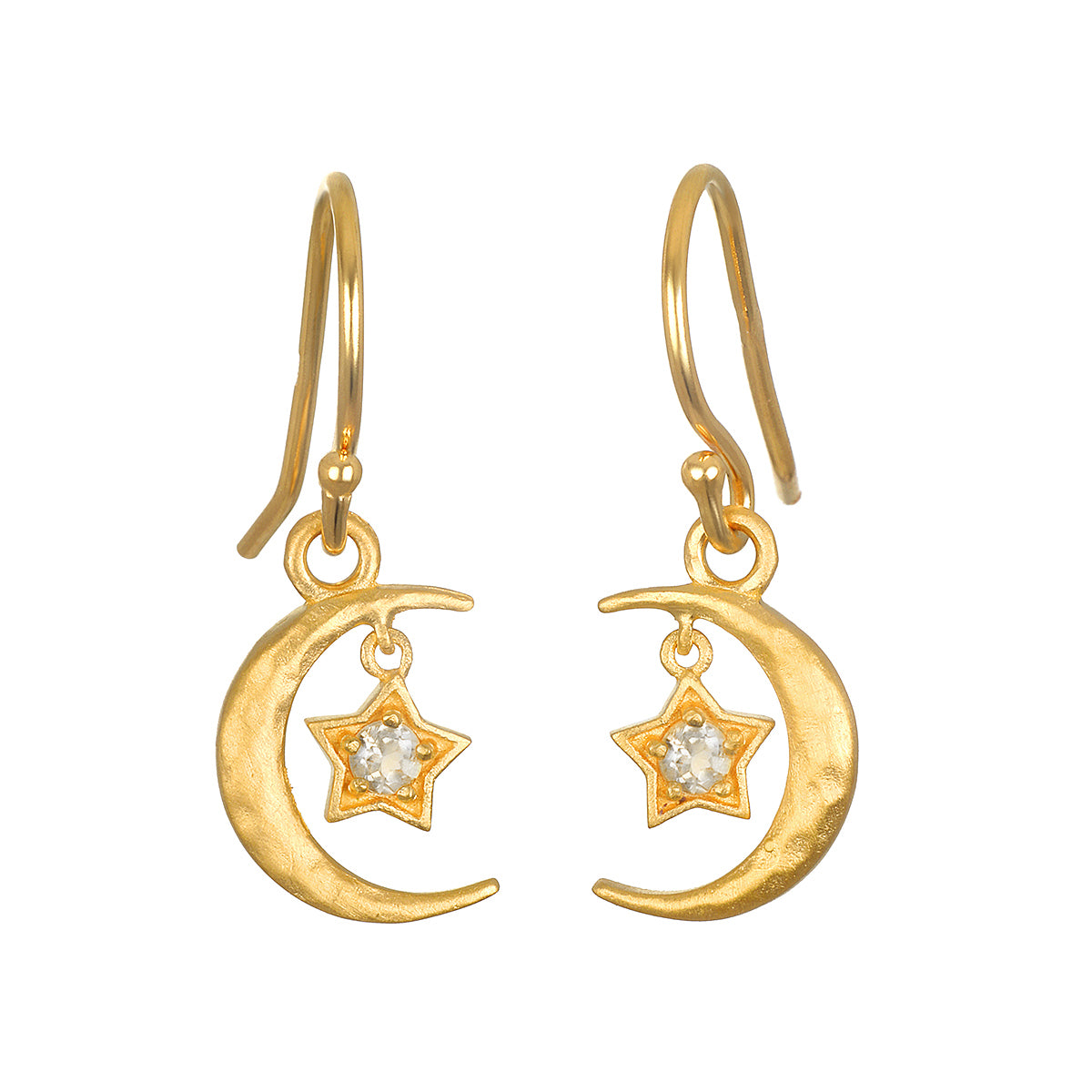 A pair of gold crescent moon drop earrings on hook wires, each with a small star set with a clear stone.