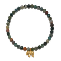 Stretch bracelet with multicolored jasper beads and gold-tone elephant charm pendant.