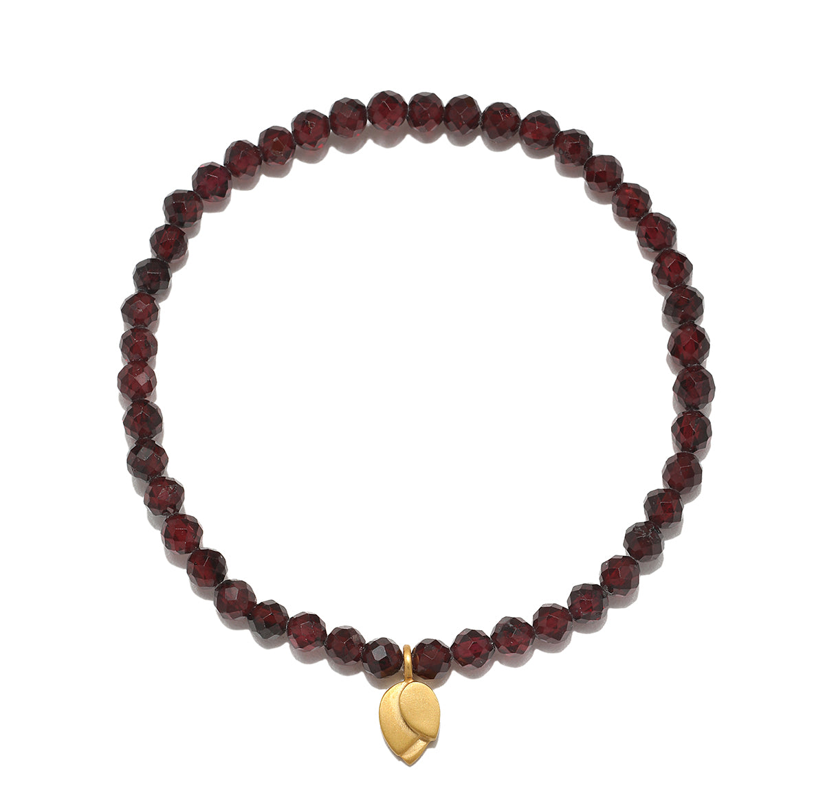 Red faceted garnet beads with gold-tone lotus flower charm stretch bracelet.
