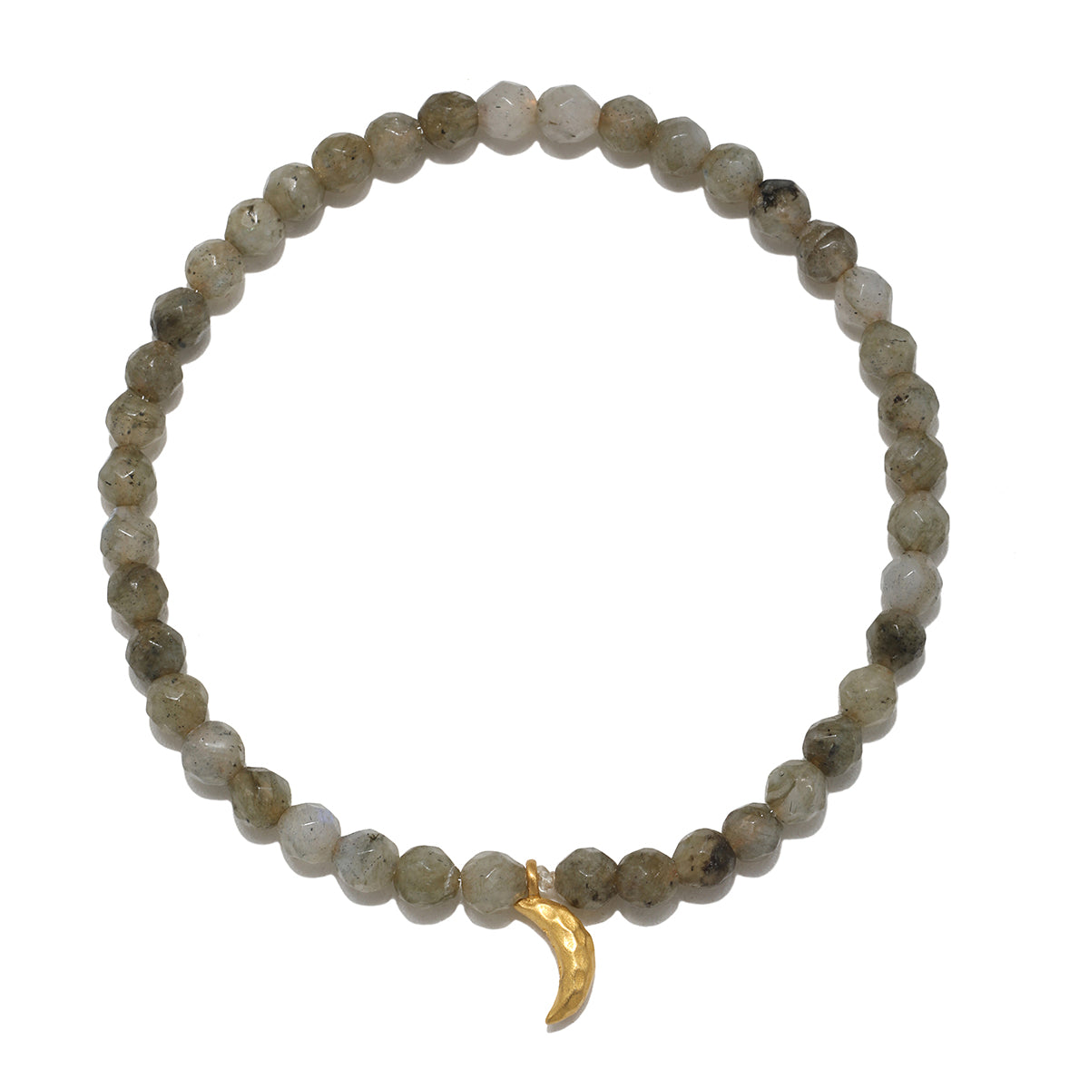 Stretch bracelet with gray-brown labradorite beads and small gold-plated crescent moon charm.