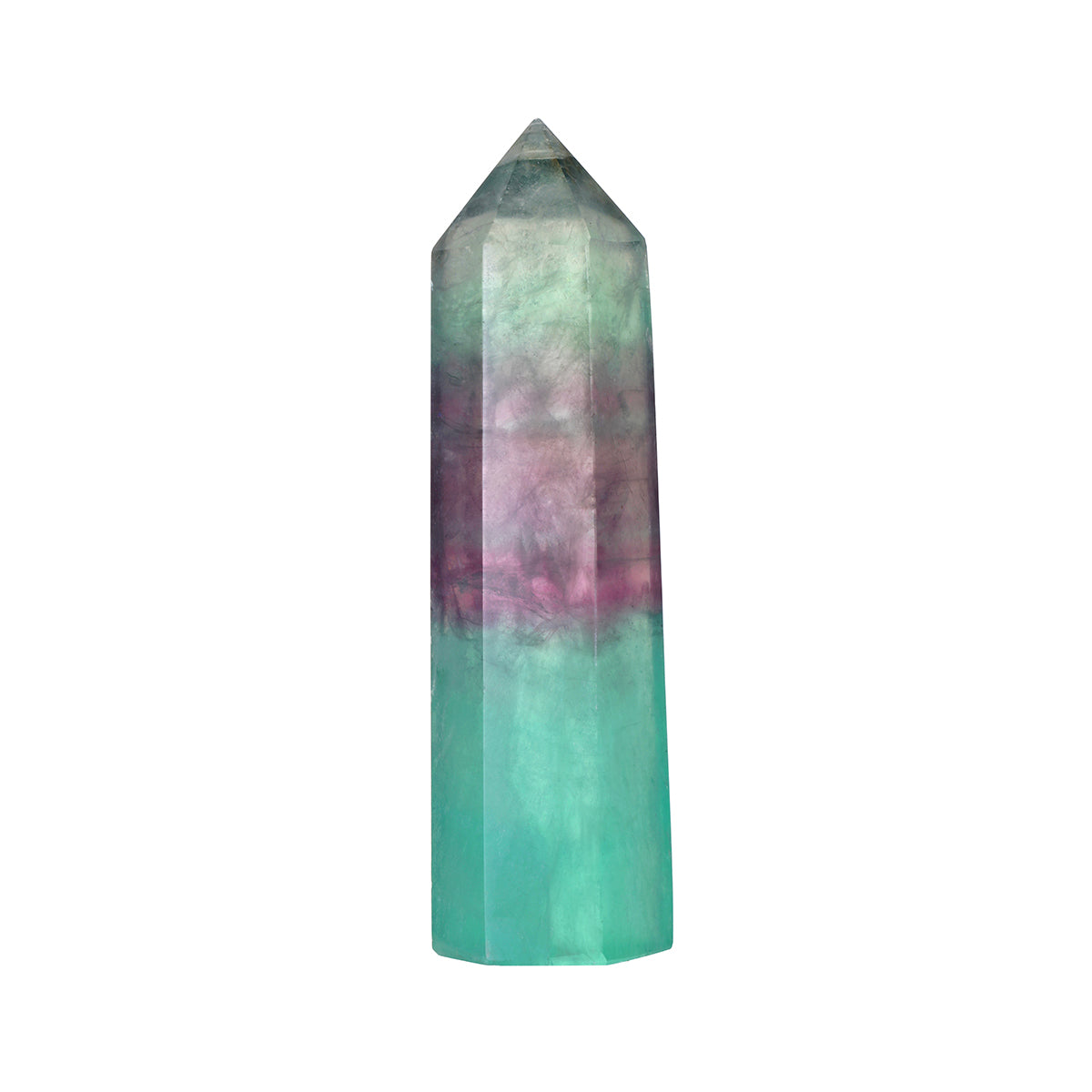 Polished fluorite crystal point with green lower section transitioning to purple and gray tones toward the peaked top.
