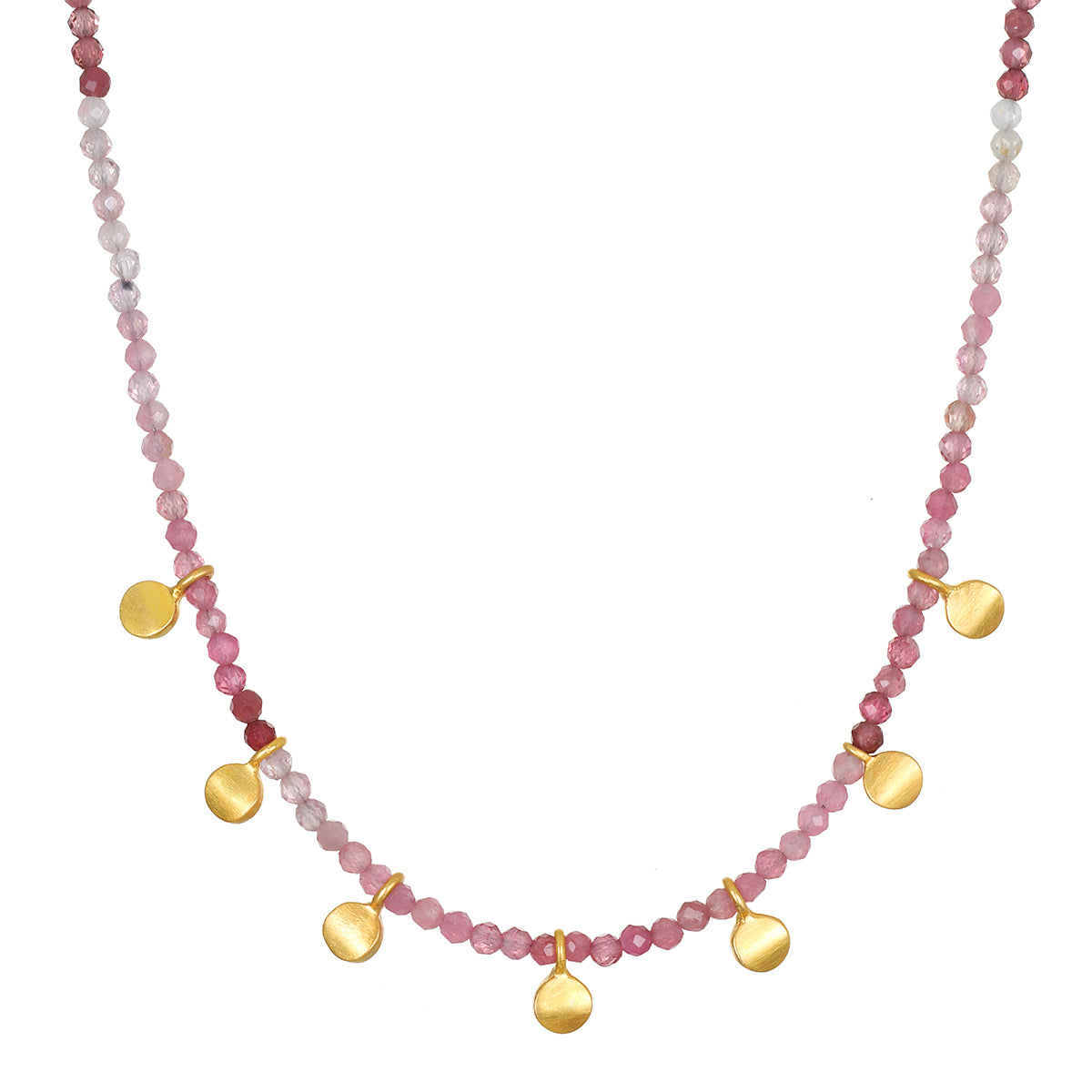 Pink tourmaline beaded necklace with gold-toned coin charms distributed along the strand.