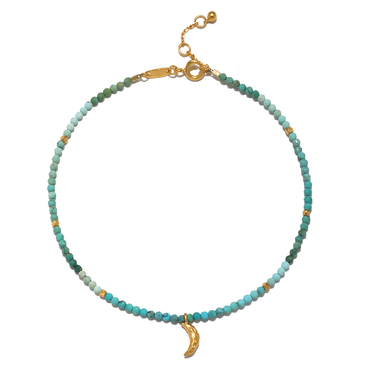 Moonlit Journey Turquoise Moon Anklet featuring vibrant turquoise beads and a golden crescent moon, symbolizing protection and nourishment. This piece embodies spiritual jewelry perfect for meditation and manifesting intentions, ideal for yoga enthusiasts who appreciate meaningful talismans.