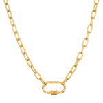 The New Beginnings Lotus Charm Holder Necklace laid flat, focusing on the chain-link design and carabiner charm holder. This spiritual jewelry embodies meanings of new beginnings and is a perfect talisman for those seeking protection and spiritual growth during yoga practices.