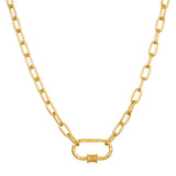 The New Beginnings Lotus Charm Holder Necklace laid flat, focusing on the chain-link design and carabiner charm holder. This spiritual jewelry embodies meanings of new beginnings and is a perfect talisman for those seeking protection and spiritual growth during yoga practices.